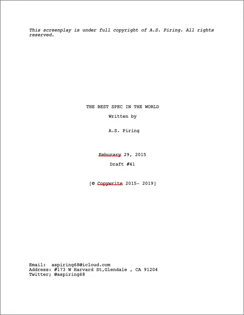Script title. Screenplay title page. screenplay script. title page example.