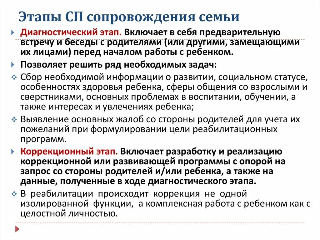 Стадии сопровождения семьи. Диагностический этап сопровождения это. Диагностический этап коррекционной работы. Этапы сопровождения замещающей семьи.