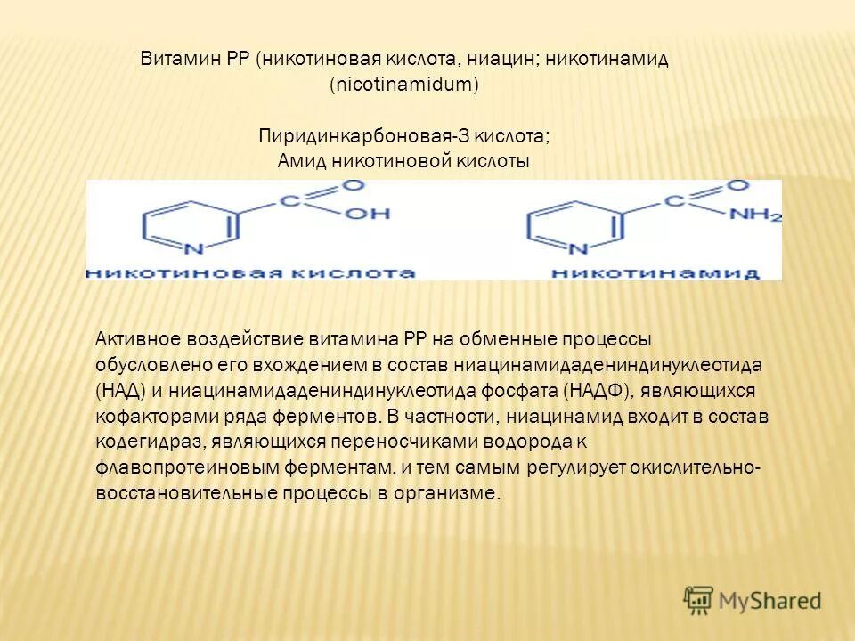 Пиридинкарбоновая кислота. Амид никотиновой кислоты (никотинамид).