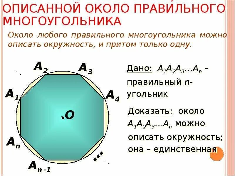 Определение описанного многоугольника. Окружность описанная около правильного многоугольника. Центр окружности описанной около правильного многоугольника. Теорема об окружности описанной около правильного многоугольника. Окружность описанная вокруг правильного многоугольника.