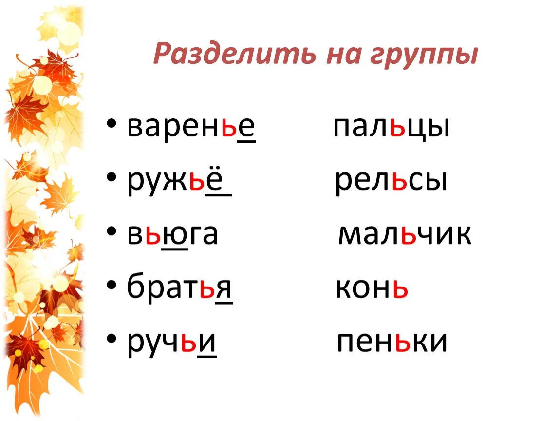 Запишите слова разделяя на две группы. Ручей с разделительным мягким знаком. Братья разделительный мягкий знак. Деление для переноса слов с разделительным мягким знаком. Как разделить слово вьюга.