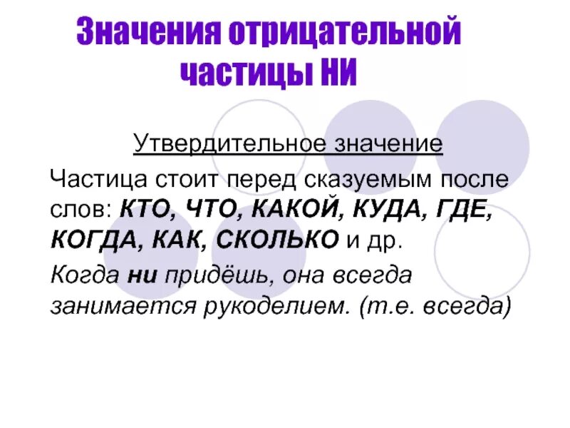 Ни утверждение. Утвердительные частицы. Утвердительное значение частицы ни. Значение частиц. Частица не утвердительная.