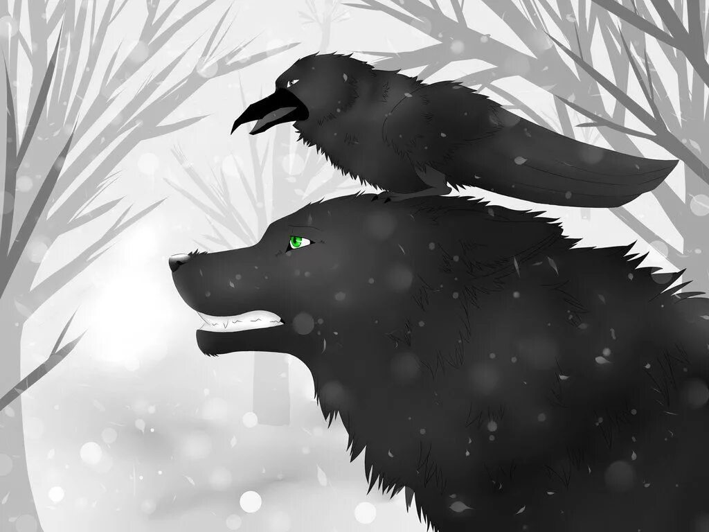 Черный ворон и волк. Волк и ворон арт. Арты волки и вороны.