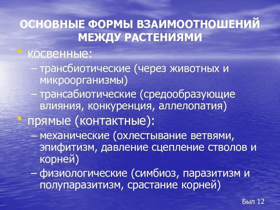 Типы отношений между растениями. Взаимодействие между растениями. Прямые контактные взаимоотношения между растениями. Форма взаимоотношений между растениями и животными. Косвенные трансабиотические взаимоотношения.