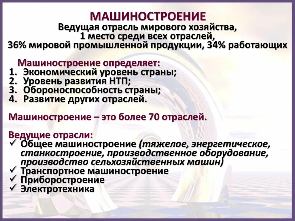 Состав машиностроения в мировом хозяйстве