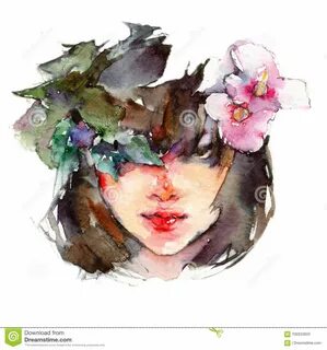 Menina Asiática Da Aquarela Com Flores Ilustração Stock - Ilustração de cos...