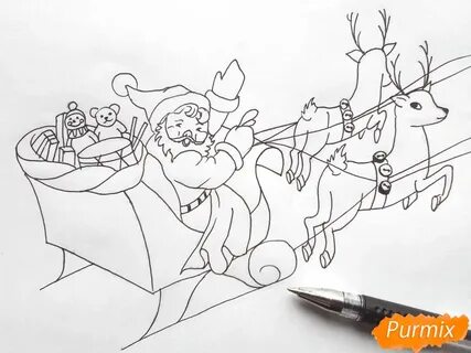 Как нарисовать санки деда мороза с оленями
