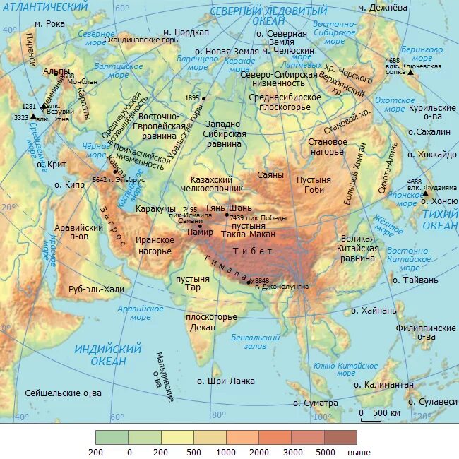 Какие формы рельефа преобладают в евразии. Рельеф горы Гималаи на карте Евразии. Карта Евразии с горами и равнинами. Основные формы рельефа Евразии на контурной карте. Равнины горы Плоскогорья на карте Евразии.