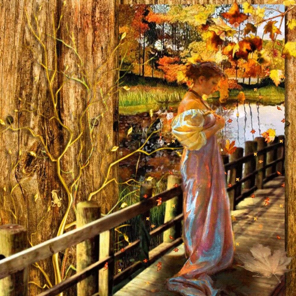 Миша сквозь листву глядит на старинный сад. Осенние раздумья. Девушка в саду картина. Осенний тихий сад,. Картина осень.