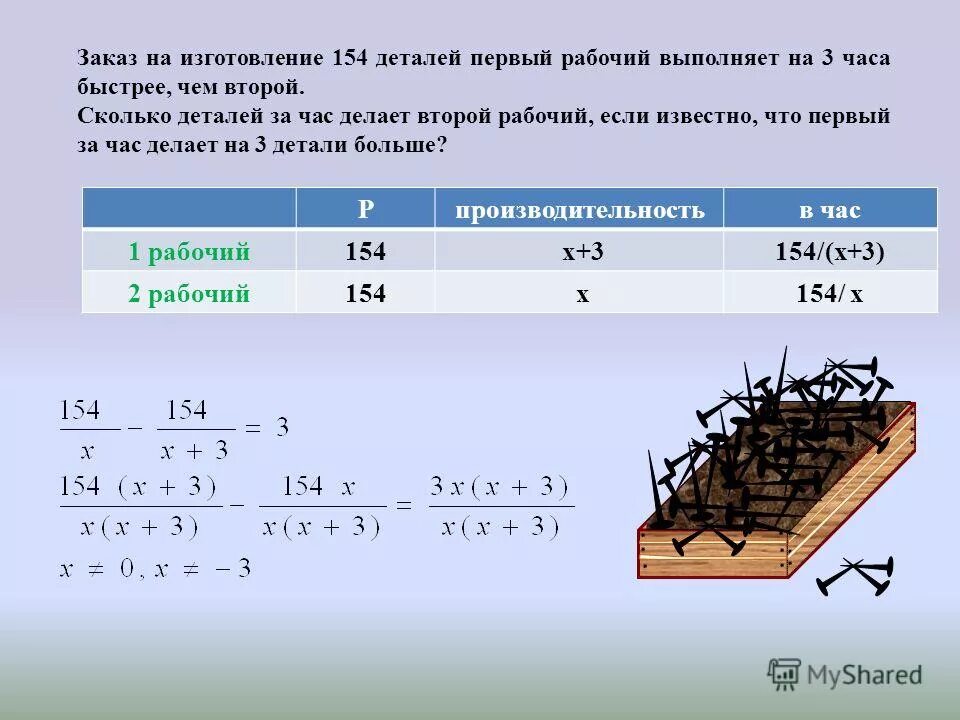 На изготовление 120. Задача про рабочих и детали. Первый рабочий за час делает на 5. На изготовление трех деталей. Первый рабочий выполняет.