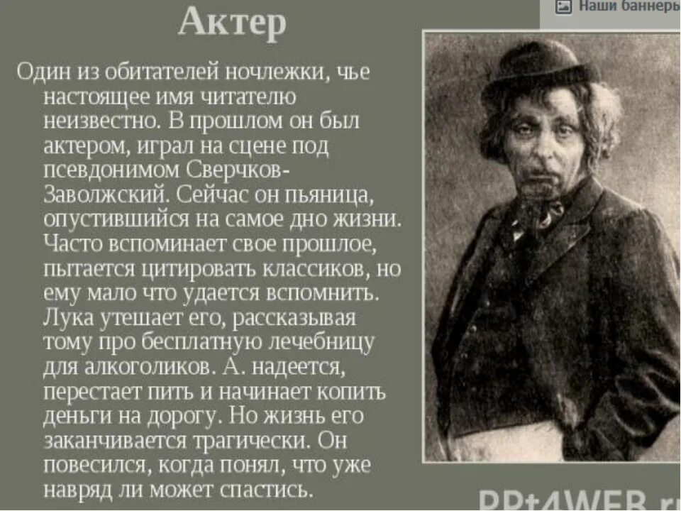 Как изображается место в пьесе на дне. Судьба актера в пьесе на дне. Характеристика героев на дне Горький актер. На дне Горький актер характеристика.