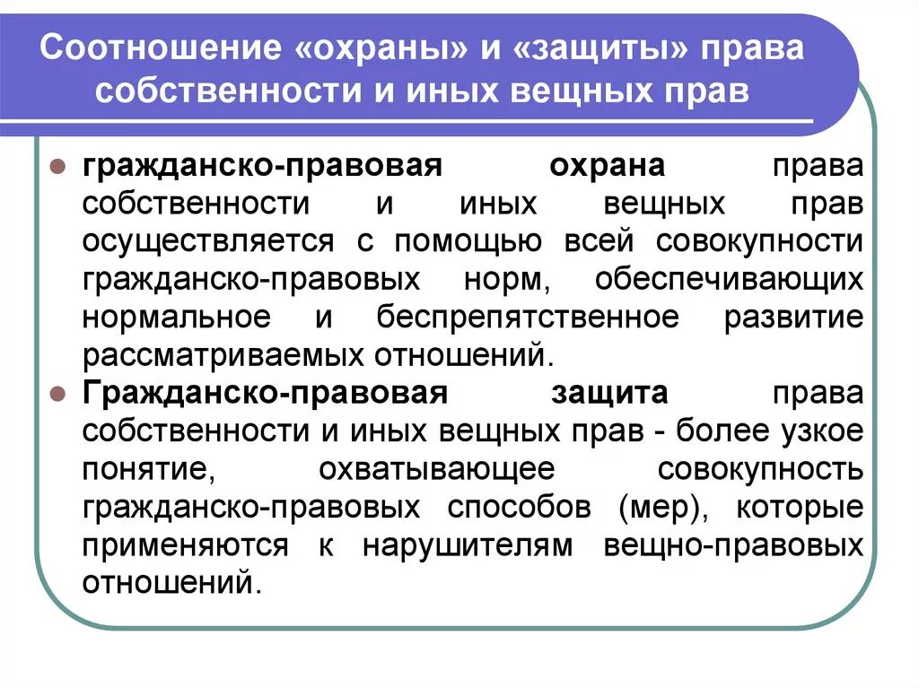 Защита собственности гк рф. Защита иных вещных прав. Соотношение охраны и защиты гражданских прав. Охрана и защита вещных прав в гражданском праве.