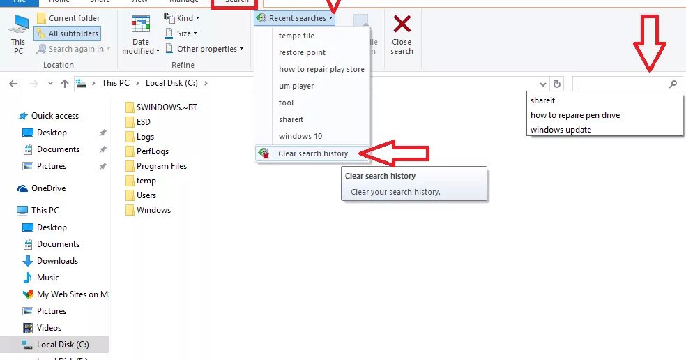 How to delete history. Status bar windows 10. windows historical. clear search. recent history search.