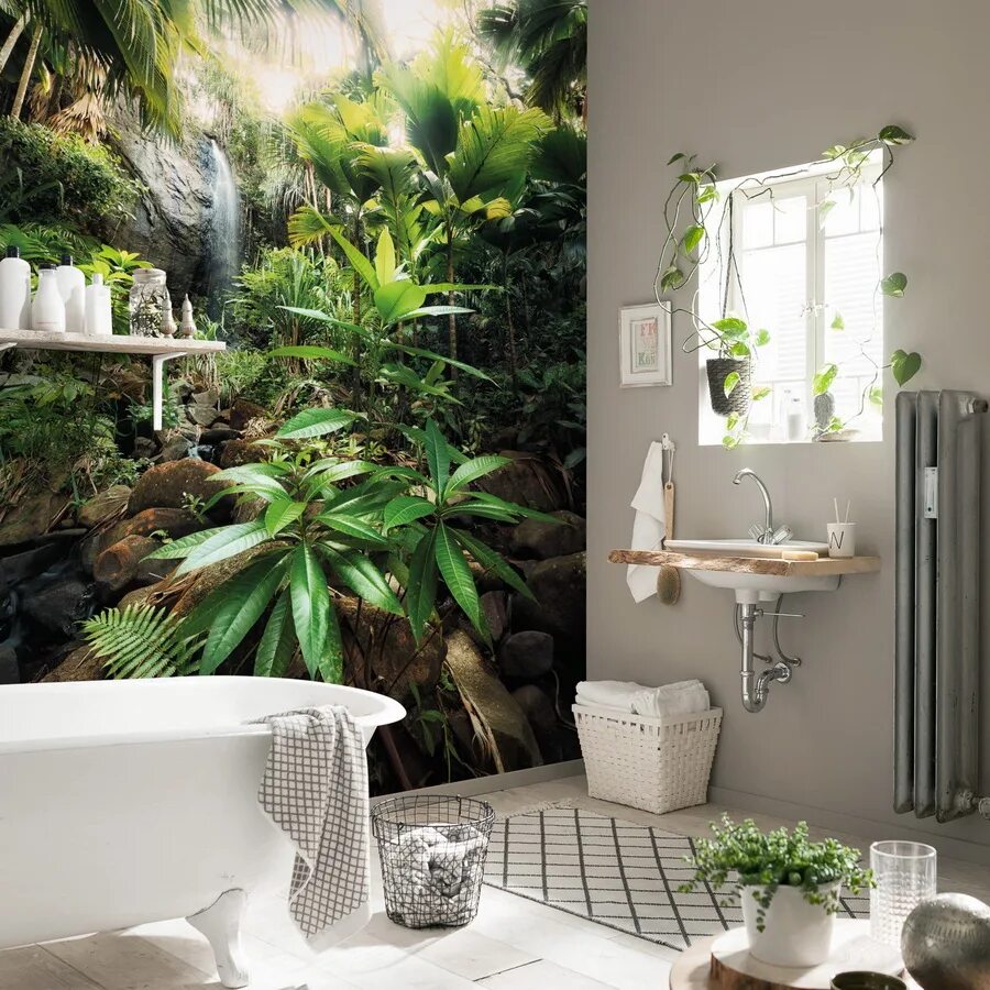 Ванная комната в стиле джунгли. Плитка в тропическом стиле. Фотообои на стену. Фотообои в интерьере.