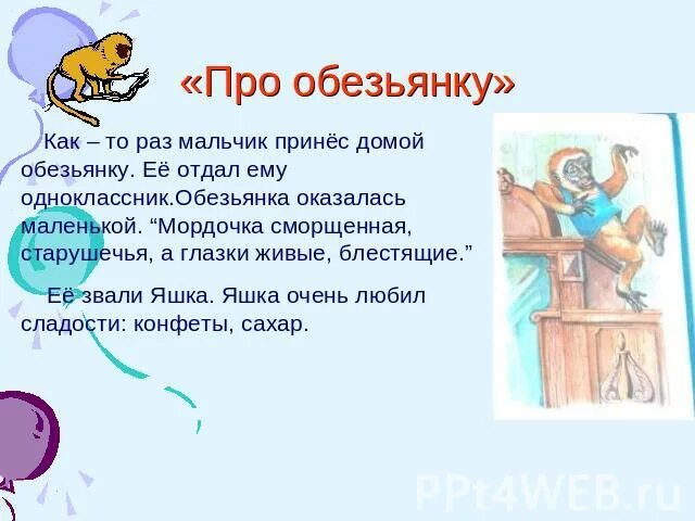 Сочинение про обезьянку. Сочинить историю про обезьянку. Небольшой рассказ о обезьянке. Рассказ про маленькую обезьянку. Синквейн яшка из рассказа про обезьянку