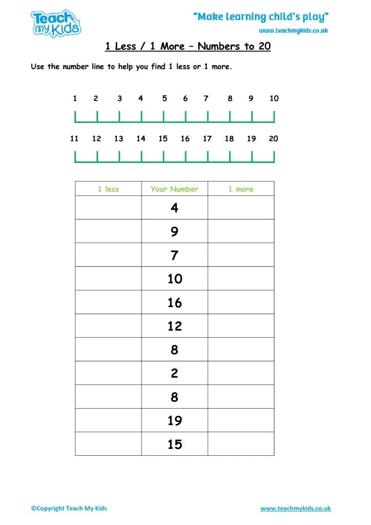 Many more number. One more one less worksheet to 20.