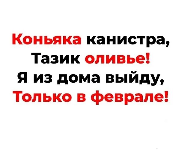 Можно выходить из дома только по вторникам. Коньяка канистра тазик Оливье я из дома выйду только в феврале. Коньяка канистра тазик Оливье. Коньяк в канистре.