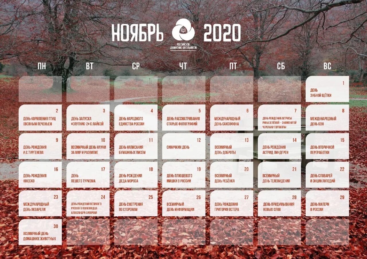 Дни недели ноября