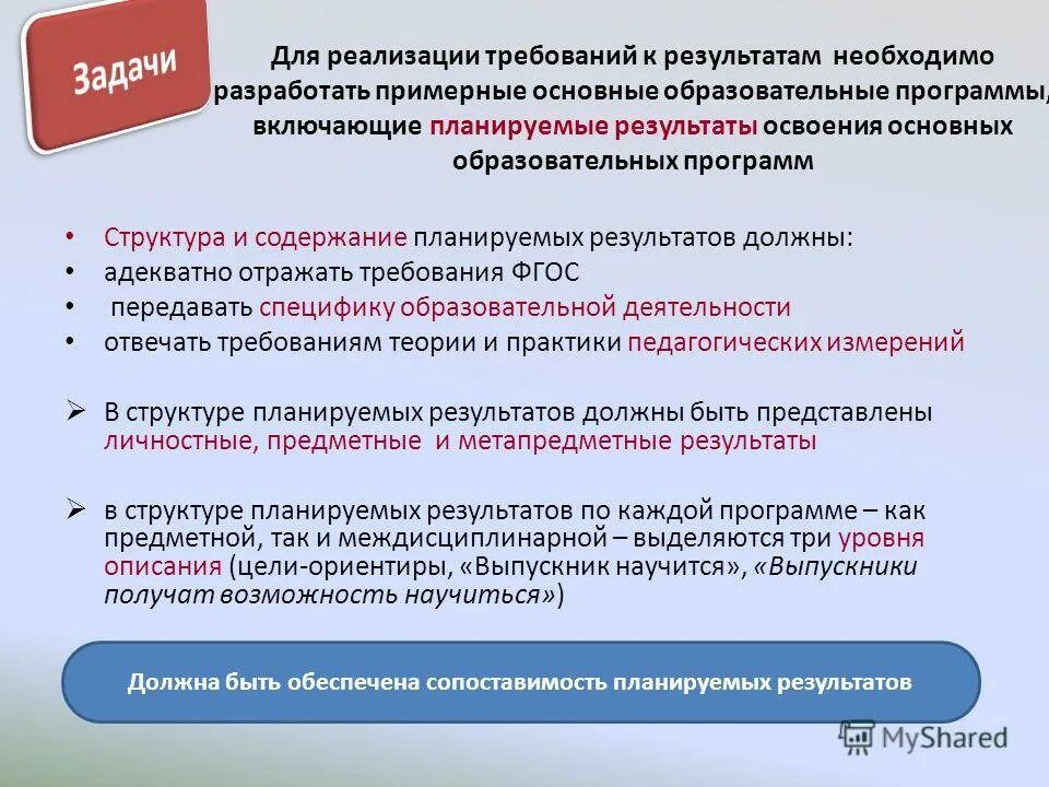 Образовательные результаты должны быть. Задачи образовательной программы. Задачи реализации программы. Требования к планируемым результатам. Задача реализуемая основными профессиональными программами.