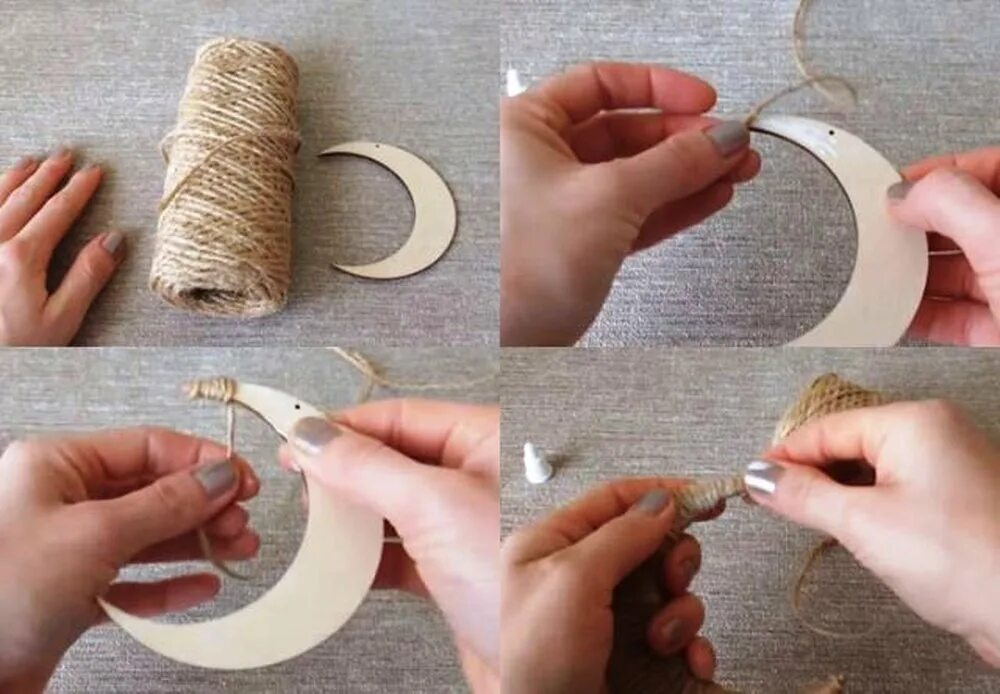 новогодний декор в виде месяца. поделки из ниток. месяц нитками. поделка зимний венок. месяц нитками.