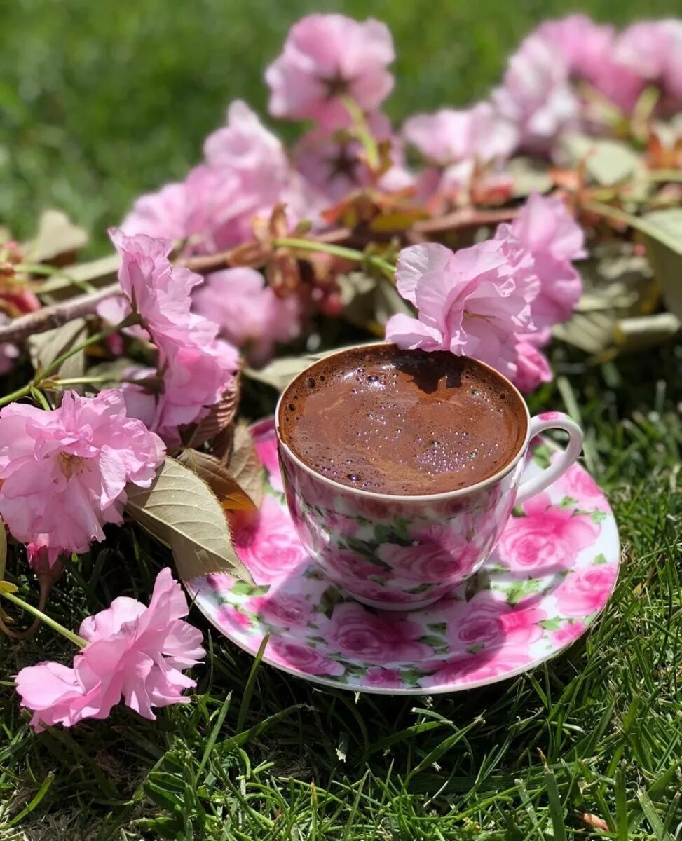 Utro. Чашечка чая на природе. Кофе на природе. Чаепитие на природе. Чай с цветами.