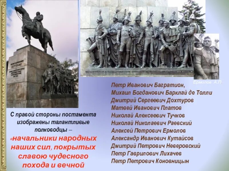 Герои Отечественной войны 1812 года ермолов. Памятники герои Отечественной войны 1812 года Кутузов. Памятник Петру Ивановичу Багратиону. Памятник героям Отечественной войны 1812 года в Москве.