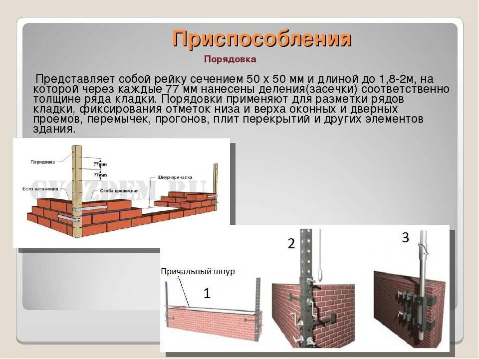 Приспособление другими словами. Порядовка кирпичной кладки. Приспособления для каменной кладки. Порядовка для кладки кирпича. Инструмент для кладки кирпича.