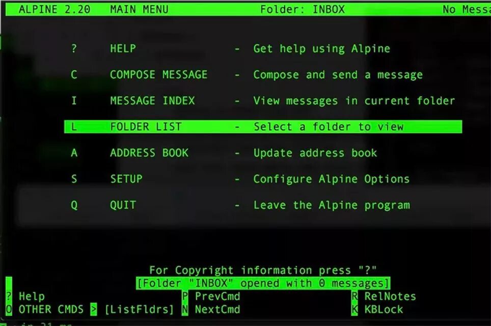 Prevcmd main. Pine mail. Alpine Linux. Pine mail client. Alpine configuration Framework.
