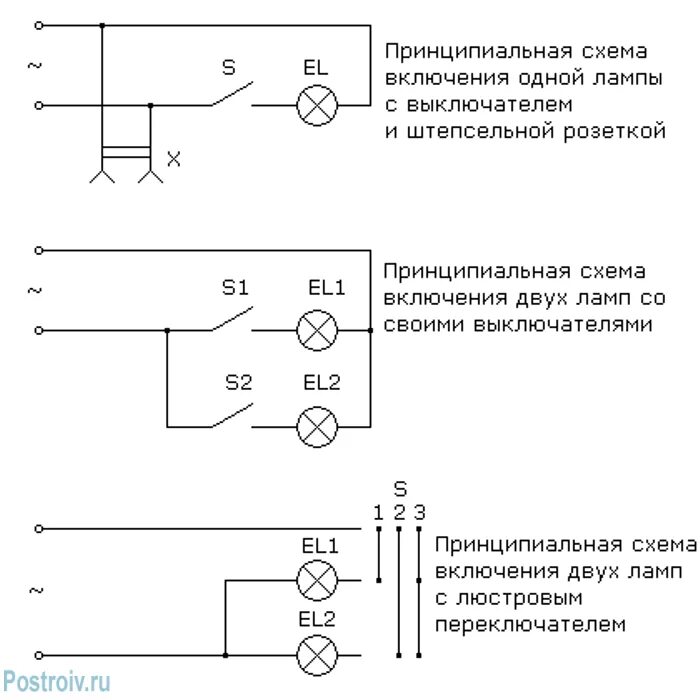 Выключатель сам включается. Монтажная схема 3 ламп с переключателем. Электрическая схема подключения трех лампочек. Принципиальная схема подключения светильника. Сборка схем включения ламп накаливания.