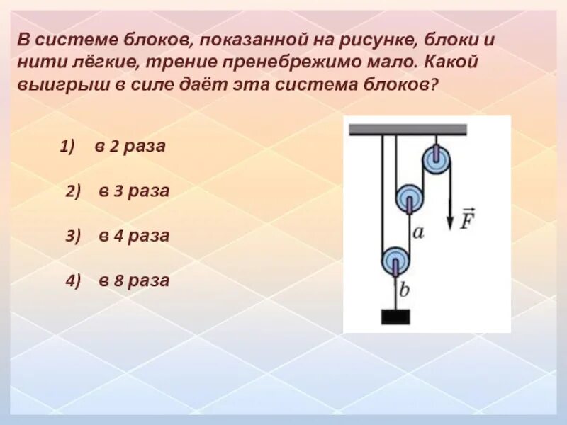 Какой выигрыш в работе дает рычаг. Система блоков. Система блоков физика. Системы блоков выигрыш в силе. Работа системы блоков.