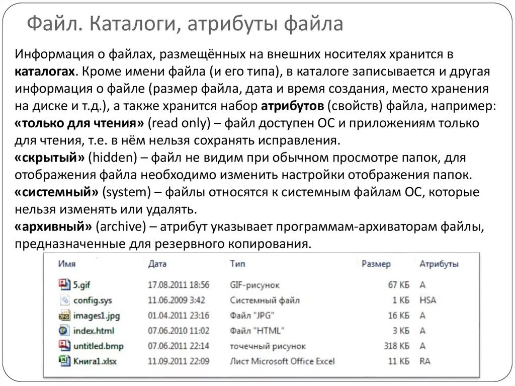 Атрибутами файла являются. Атрибуты файлов и каталогов. типы имена атрибуты файлов. параметры и атрибуты файла. имя файла. атрибуты файла..