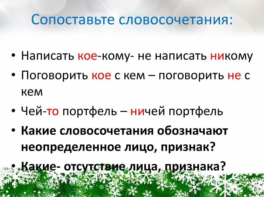 Неопределенное лицо. Как написать словосочетание. Словосочетания с местоимениями. Сопоставление словосочетаний. Словосочетания с неопределенными и отрицательными местоимениями.