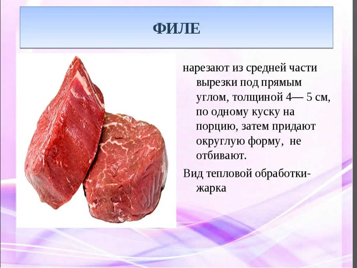 Порционные полуфабрикаты из говядины. Филе с кожей и реберными костями. Для варки порционные куски рыбы нарезают под углом. Порционные куски нарезают под углом. Порционные куски нарезают под углом.