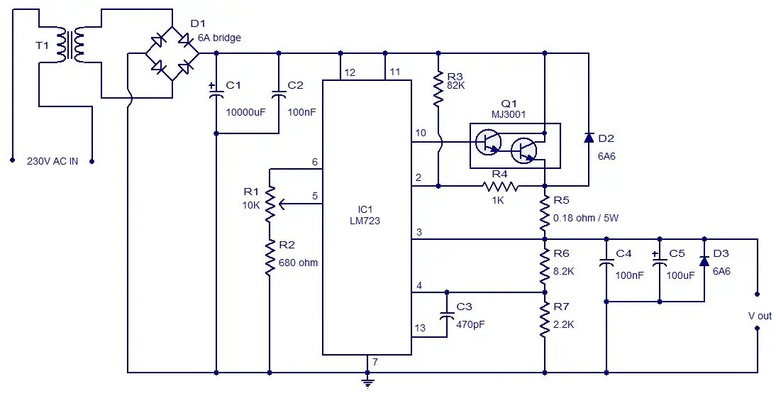 Схема блока питания на микросхеме. Лабораторный блок питания на микросхеме lm723. Лм723 блок питания с регулировкой тока и напряжения. Lm723 схема включения. Блок питания на 723 микросхеме.