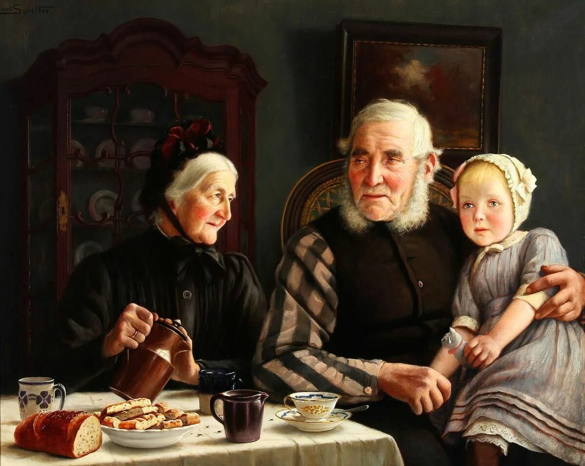 Бабушка с дедушкой и внуки картинки. Carl Johann Spielter художник. Бабушка и дедушка живопись.