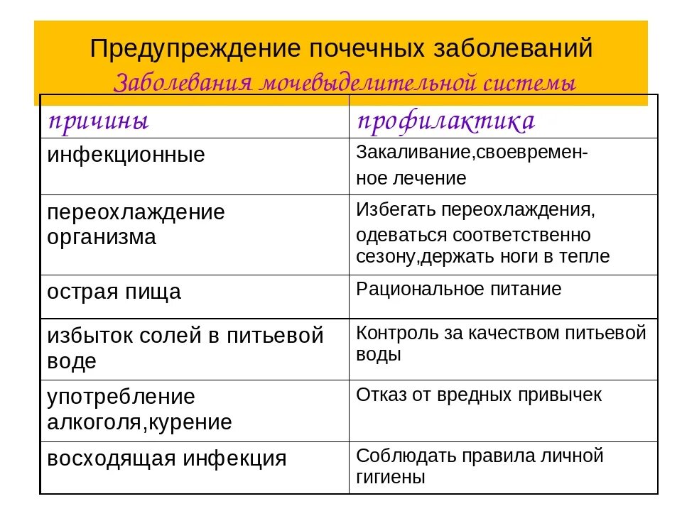 Болезни почек биология 8 класс. Заболевания мочевыделительной системы таблица причины симптомы. Причины заболеваний выделительной системы таблица. Заболевания почек таблица 8 класс биология. Профилактика заболеваний мочевыделительной системы таблица.