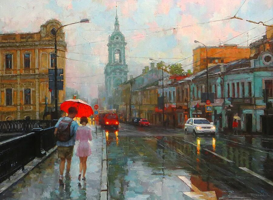Alexey Shalaev 'Lights of Prechistenka' Street painting, Art after dark, Paintin