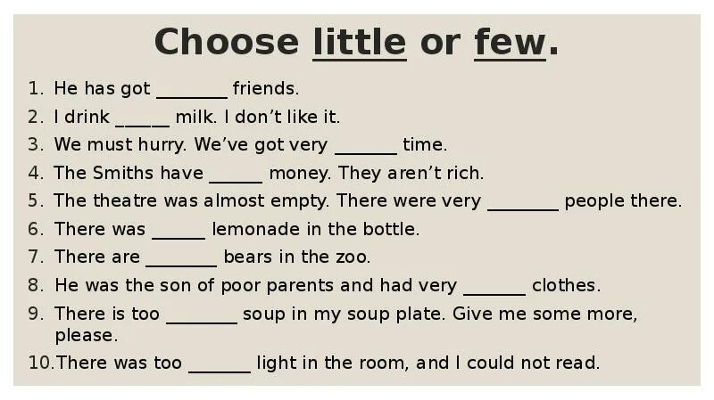 A few a little упражнения. Задание на few little. Few a few little a little упражнения. Much many few little упражнения.