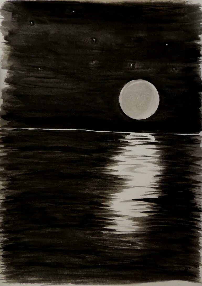 Картина темная луна. Луна в живописи. Черная картина. Пейзаж черной гуашью. Пейзаж чёрными и белыми красками.