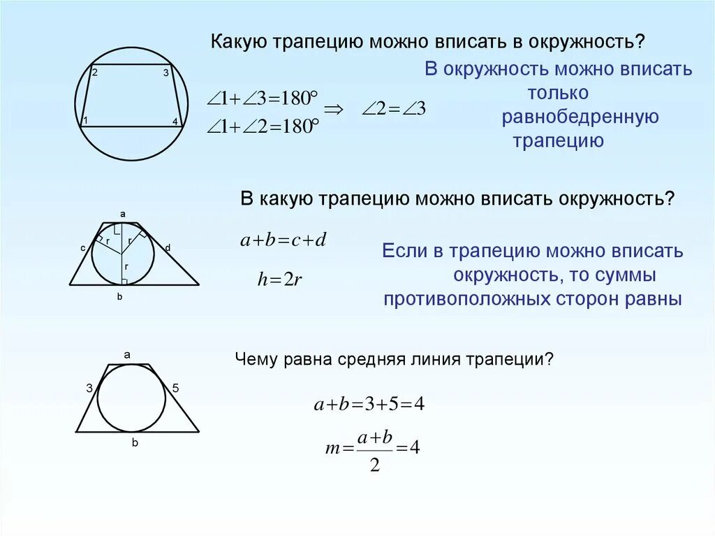 Центр вписанной окружности в трапеции. В какую трапецию можно вписать окружность свойства. РБ трапеция вписана в окружность. Признаки трапеции вписанной в окружность.