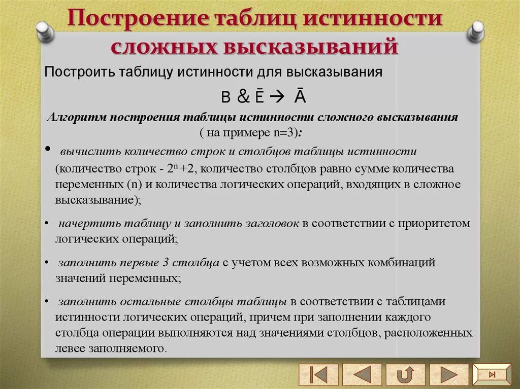 Построение таблиц истинности сложных высказываний. Построение сложных высказываний. Построить таблицу истинности для высказывания. Алгоритм построения таблицы истинности сложного высказывания. Определить истинность данных высказываний