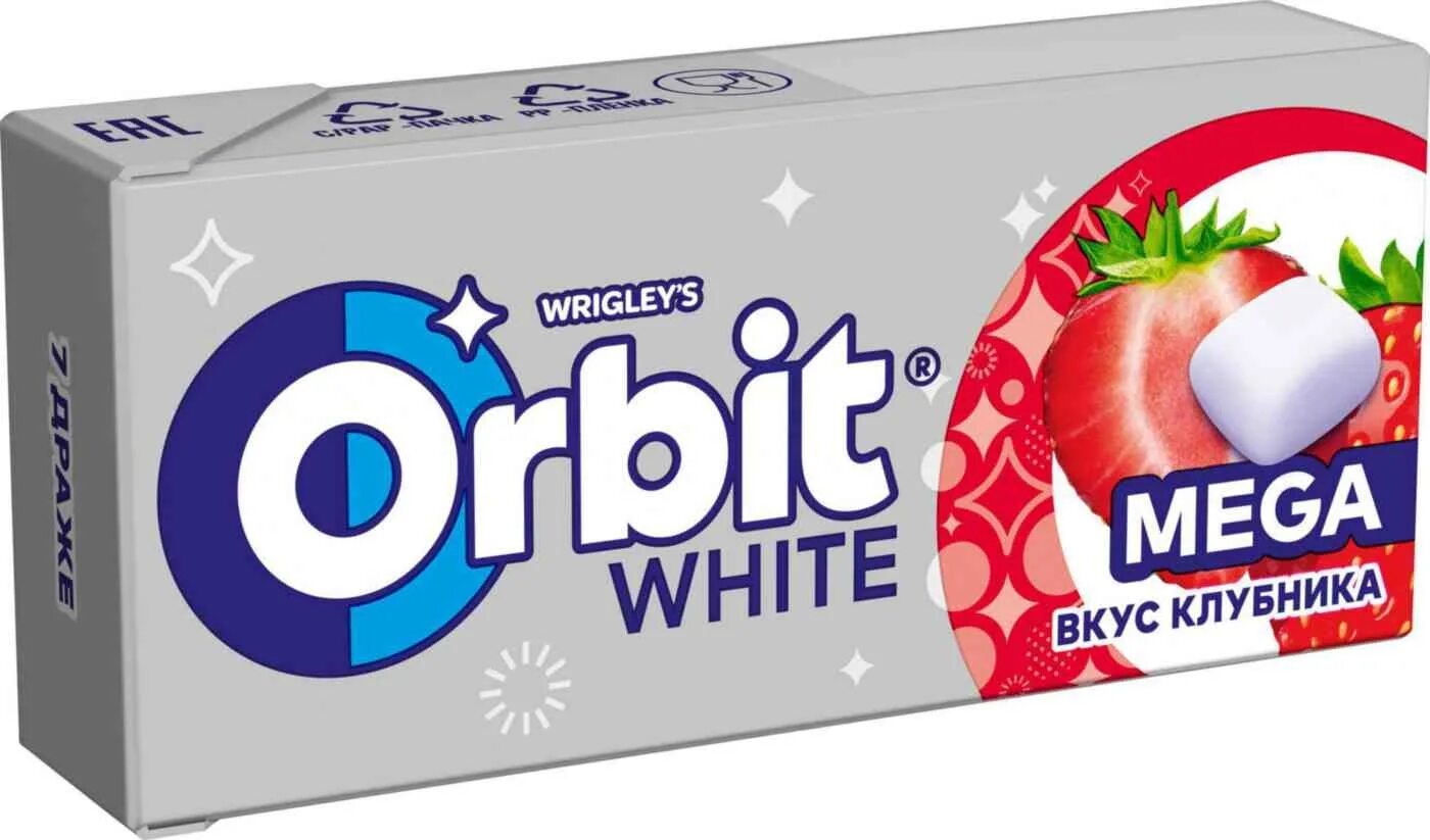 Жевательная резинка Orbit White Mega клубника, 16.4 г. Orbit мега клубника 16.4г. Жевательная резинка Orbit White Mega клубника, 12 шт. Жевательная резинка Orbit XXL White Bubblemint 20,4г. Дж орбит