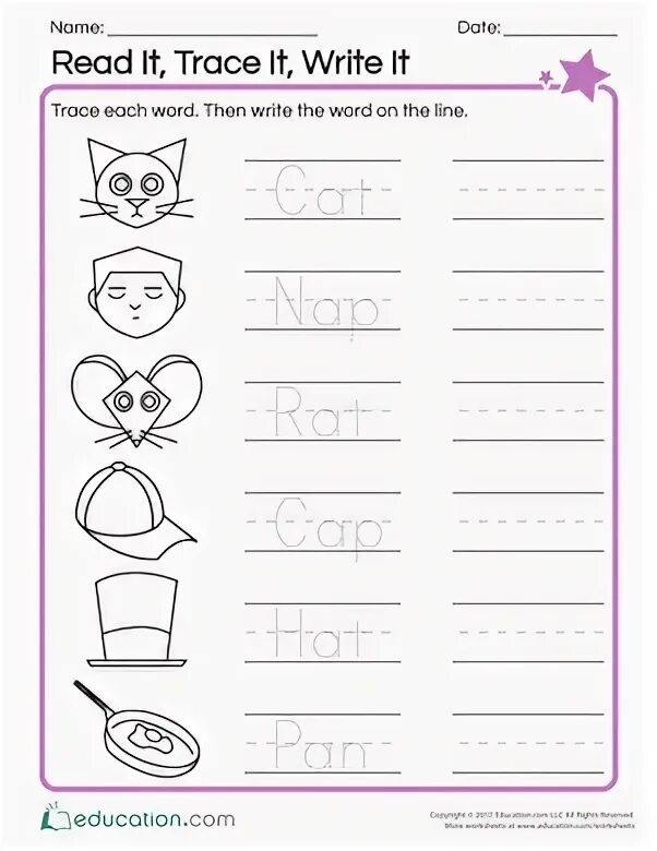Find and trace. Trace and write words.