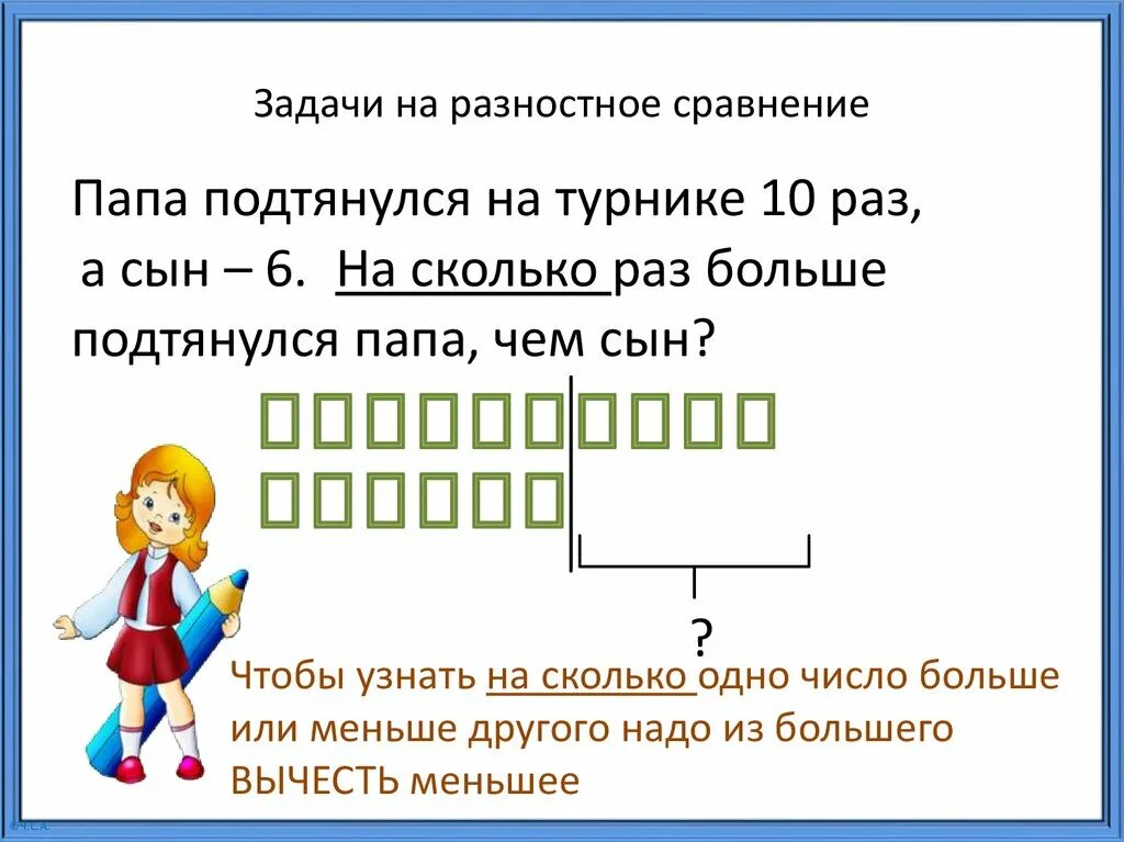 Задачи на разностное сравнение 1 класс карточки с заданиями. Задачи на разностное сравнение решение задач 1 класс. Задачи на разностное сравнение чисел 1 класс. Карточки по математике 1 класс задачи на разностное сравнение. Математика разностное сравнение