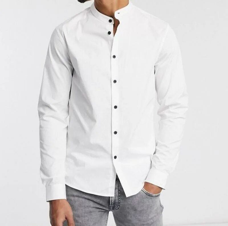 Ferzhuanjzaa Classic Style белая мужская рубашка. Рубашка воротник стойка. Белая рубашка без воротника мужская. Рубашка с воротником стойкой.