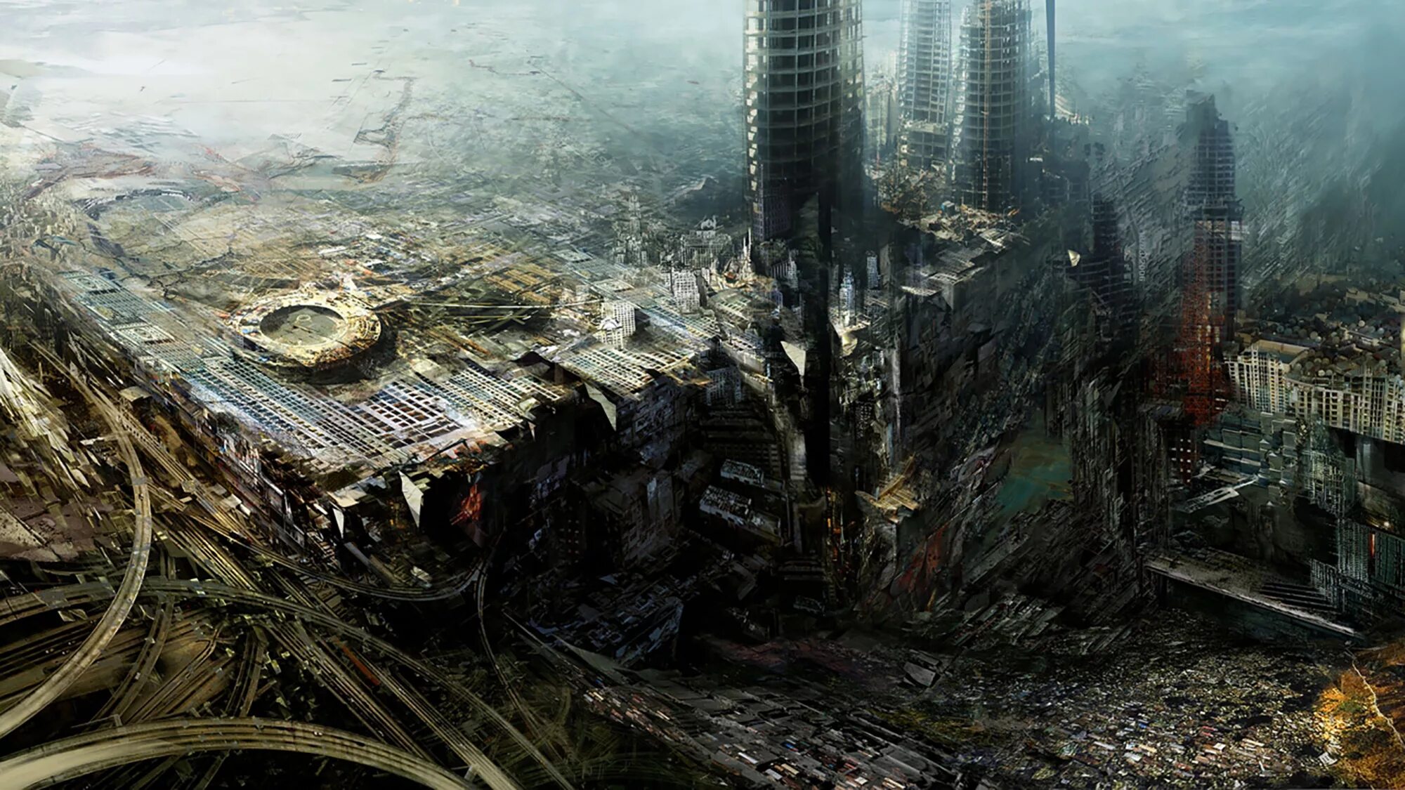 Крушение города. Экуменополис концепт арт. Фантастические здания. Разрушенный город будущего. Фантастический город.