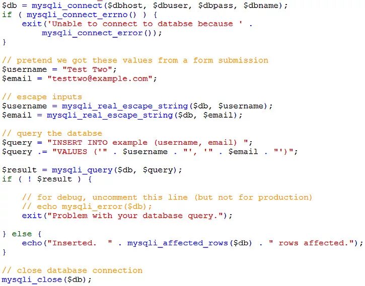 Mysqli real string. Mysqli_query php примеры insert. sql insert php. mysqli_connect запрос. insert into mysql пример.