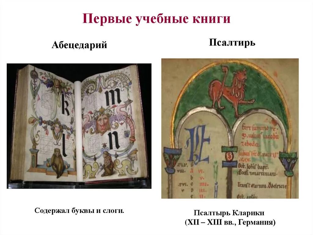 Учебные книги. Средневековые книги. Первые учебные книги. Абецедарий. Учебная псалтирь