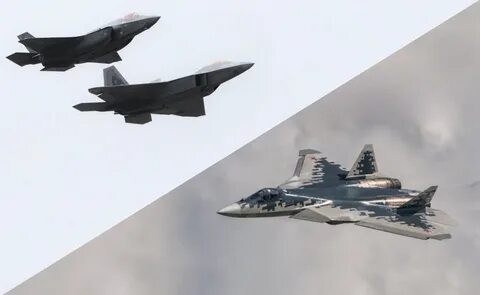 Russian Su-57 (right) and American F-22 and F-35 Next Generation Fighters.