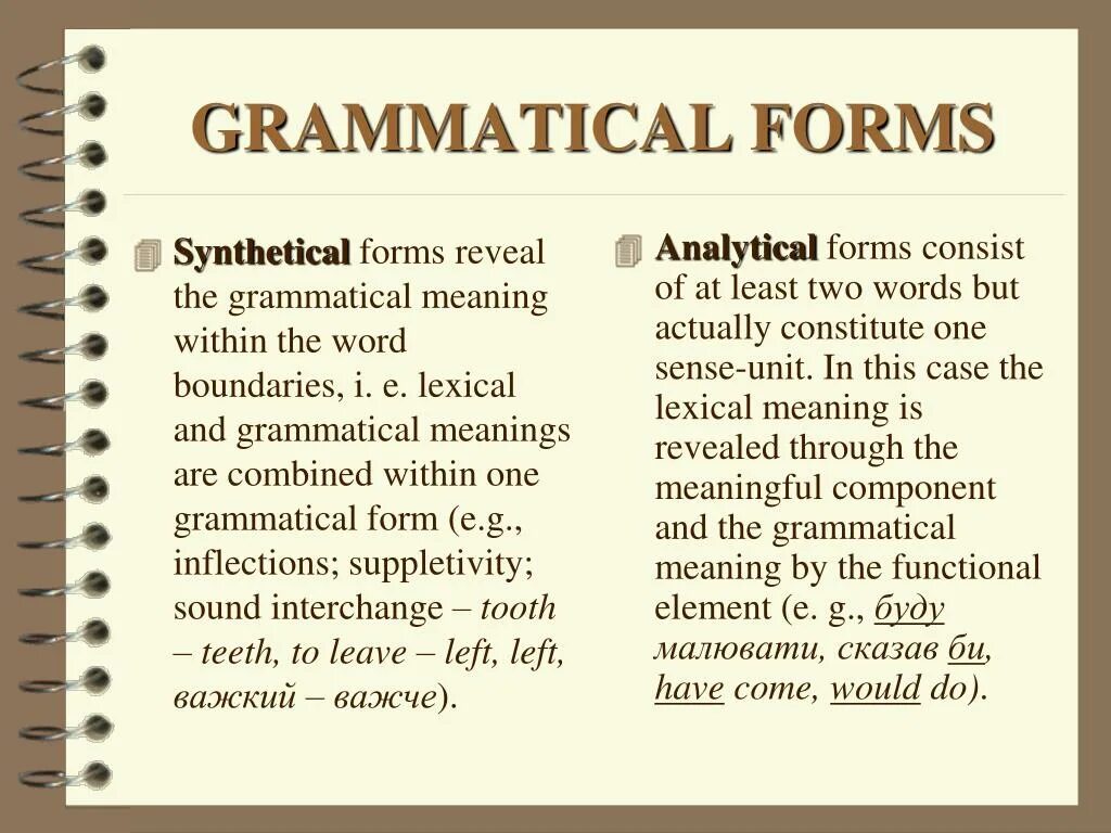 Grammatical form. Grammatical meaning and grammatical form. Analytical grammatical forms. Synthetical grammatical forms. Word forming units